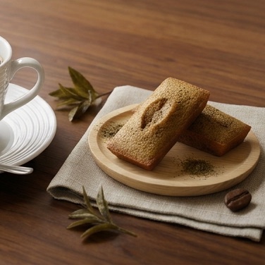 木の皿にのったほうじ茶のフィナンシェ